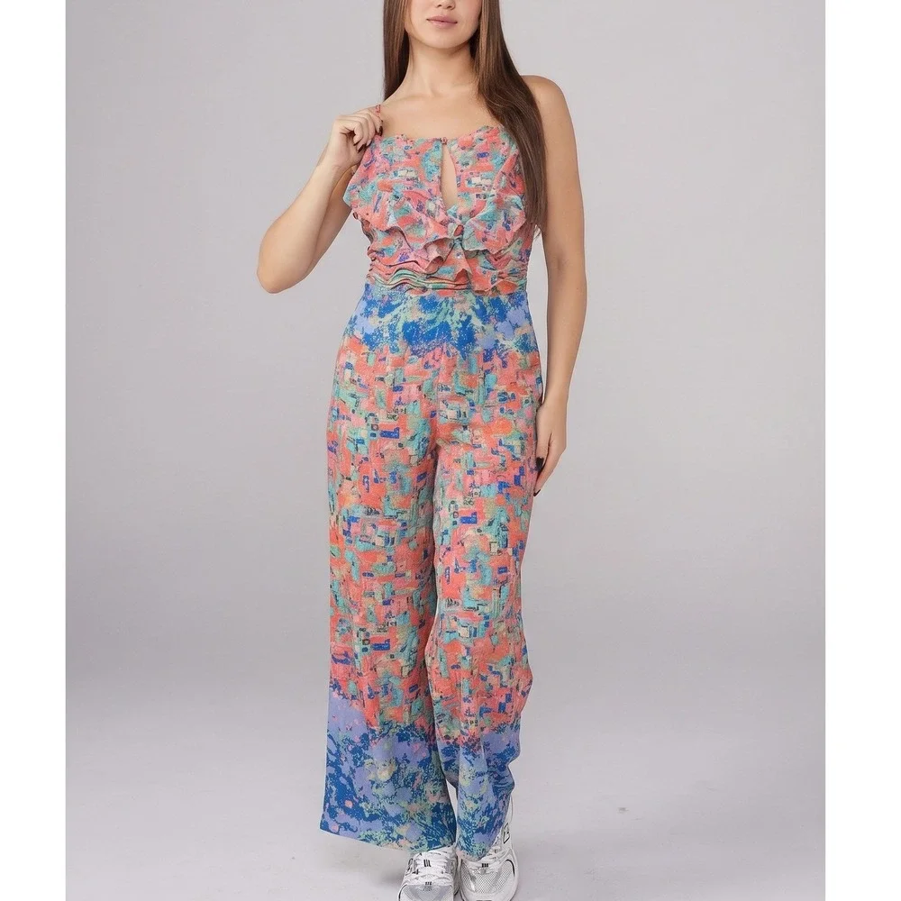 Anthropology By‎ Tracy Reese 100% Silk Abstract Print Wide Leg Jumpsuit Sz 6